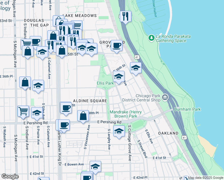 map of restaurants, bars, coffee shops, grocery stores, and more near 707 East 37th Street in Chicago