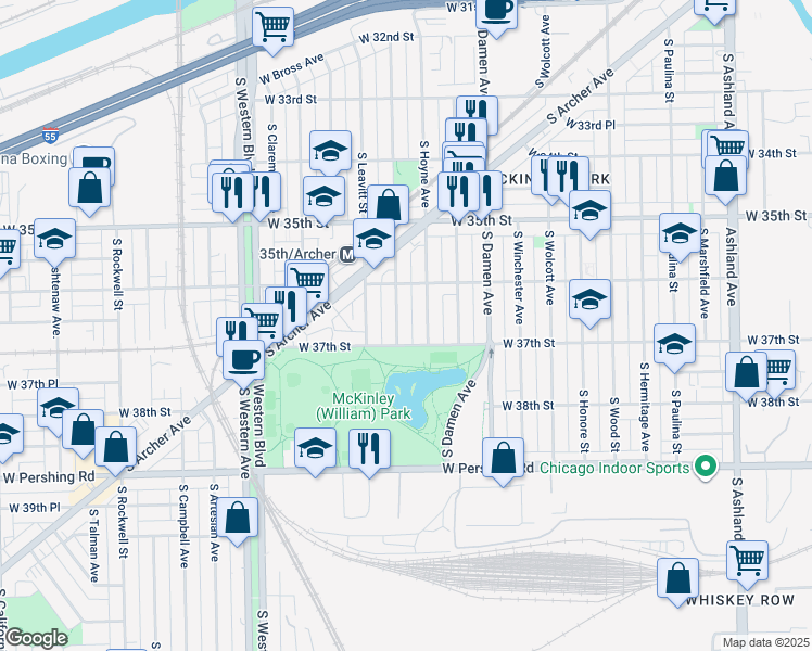 map of restaurants, bars, coffee shops, grocery stores, and more near 3632 South Hoyne Avenue in Chicago
