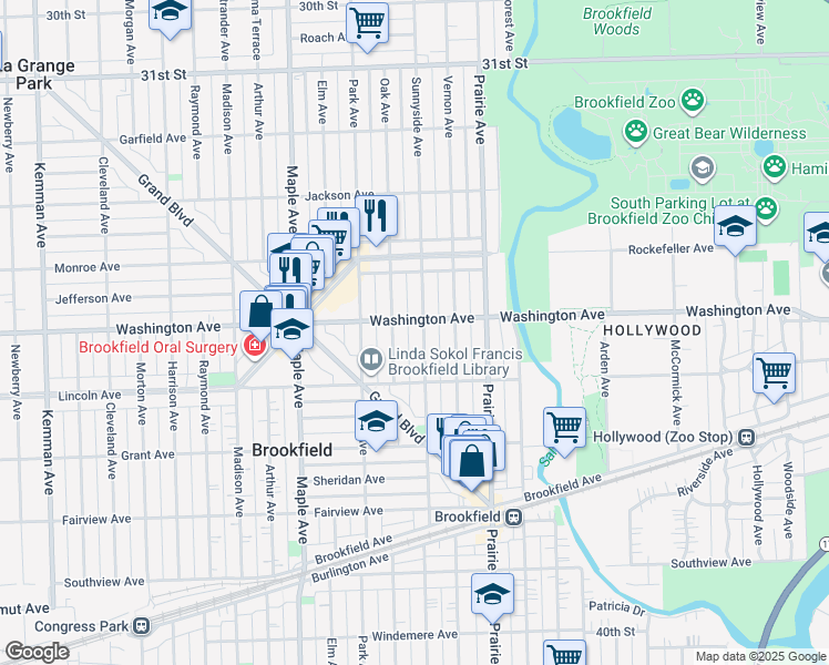 map of restaurants, bars, coffee shops, grocery stores, and more near 3501 Oak Avenue in Brookfield