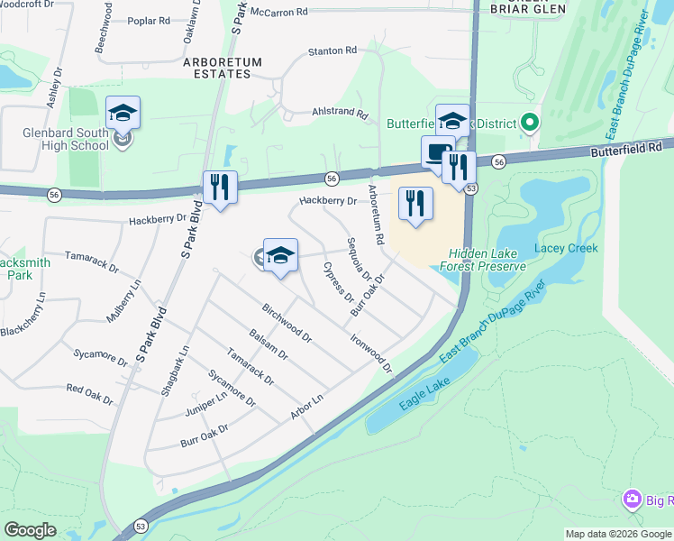map of restaurants, bars, coffee shops, grocery stores, and more near 3S131 Cypress Drive in Glen Ellyn