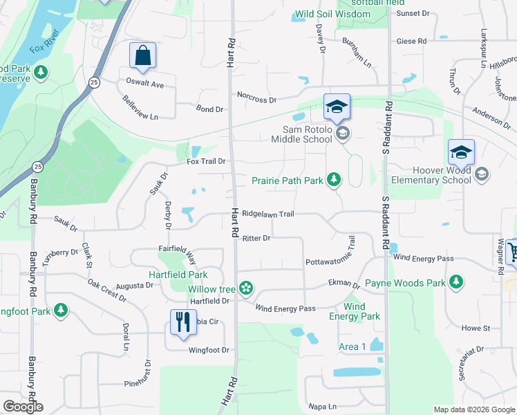 map of restaurants, bars, coffee shops, grocery stores, and more near 527 Perna Drive in Batavia