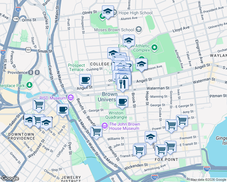 map of restaurants, bars, coffee shops, grocery stores, and more near 86 Waterman Street in Providence