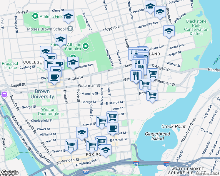 map of restaurants, bars, coffee shops, grocery stores, and more near 339 Ives Street in Providence