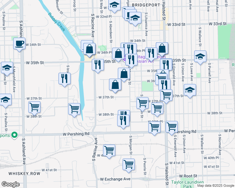 map of restaurants, bars, coffee shops, grocery stores, and more near 1036 West 37th Street in Chicago