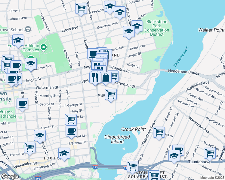 map of restaurants, bars, coffee shops, grocery stores, and more near 49 Seekonk Street in Providence