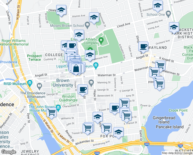 map of restaurants, bars, coffee shops, grocery stores, and more near 141 Waterman Street in Providence