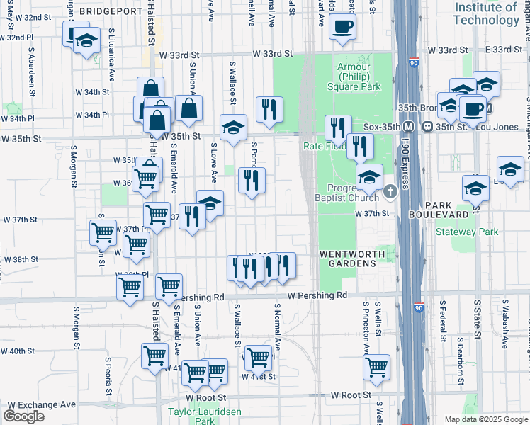 map of restaurants, bars, coffee shops, grocery stores, and more near 512 West 37th Street in Chicago