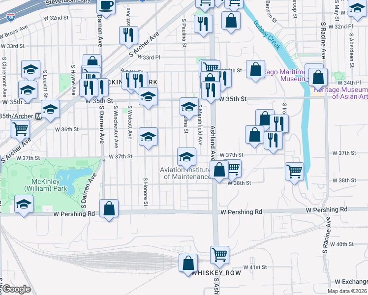 map of restaurants, bars, coffee shops, grocery stores, and more near 3643 South Paulina Street in Chicago