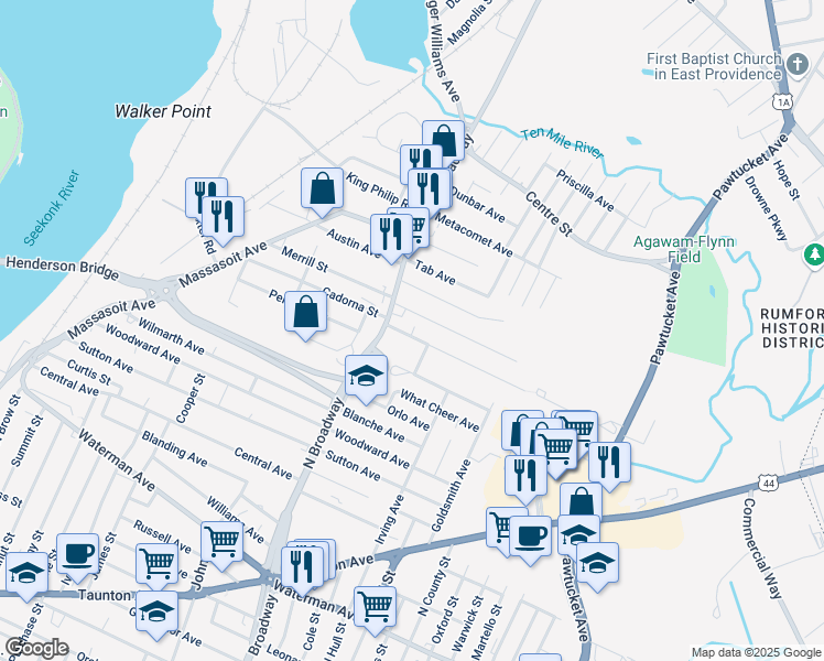 map of restaurants, bars, coffee shops, grocery stores, and more near 24 Dewey Ave in East Providence