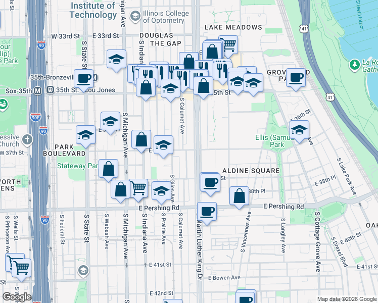 map of restaurants, bars, coffee shops, grocery stores, and more near 3704 South King Drive in Chicago