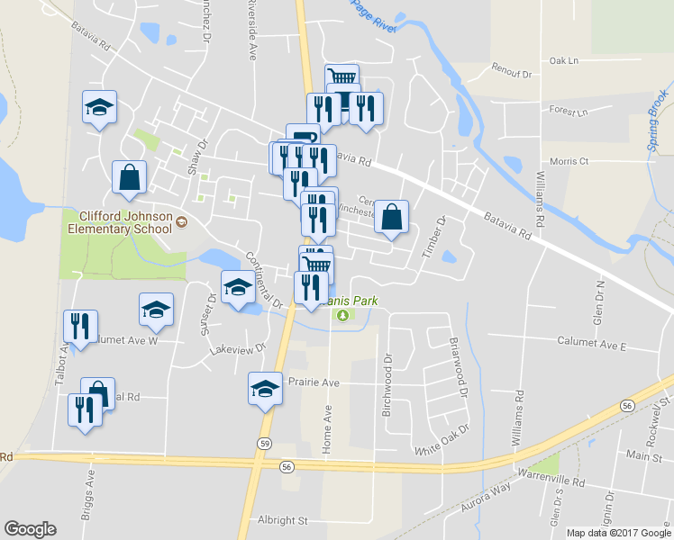 map of restaurants, bars, coffee shops, grocery stores, and more near 3S094 Timber Drive in Warrenville