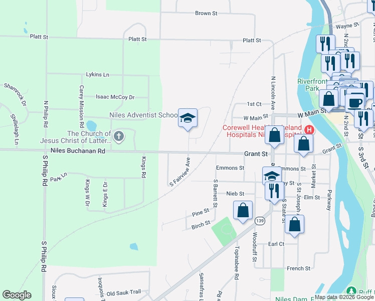 map of restaurants, bars, coffee shops, grocery stores, and more near 1105 Grant Street in Niles