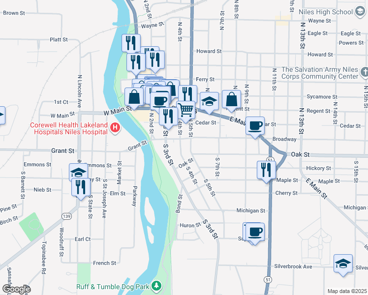 map of restaurants, bars, coffee shops, grocery stores, and more near 11 South 4th Street in Niles