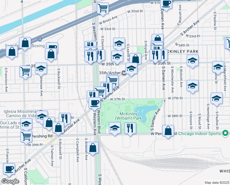 map of restaurants, bars, coffee shops, grocery stores, and more near 3651 South Archer Avenue in Chicago