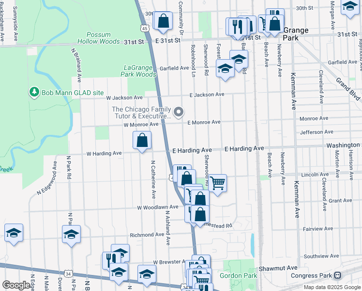 map of restaurants, bars, coffee shops, grocery stores, and more near 702 Community Drive in La Grange Park