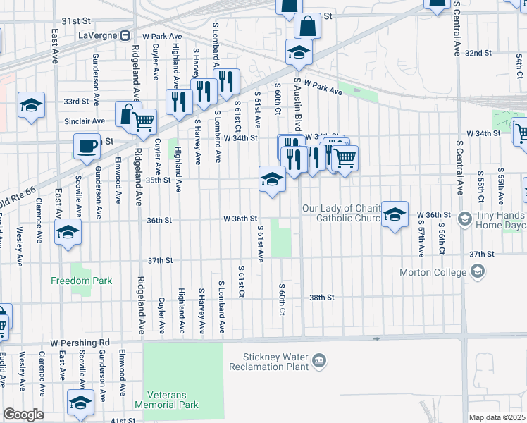 map of restaurants, bars, coffee shops, grocery stores, and more near 3547 South 61st Avenue in Cicero