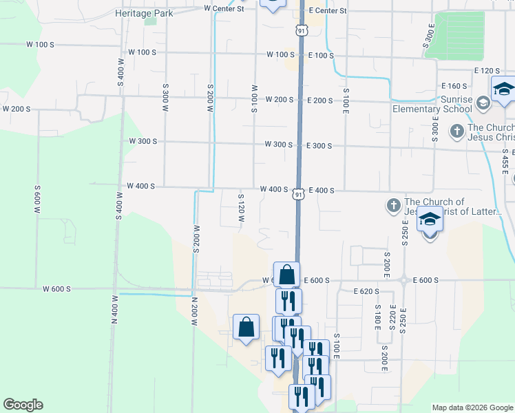 map of restaurants, bars, coffee shops, grocery stores, and more near 423 South 80 West in Smithfield