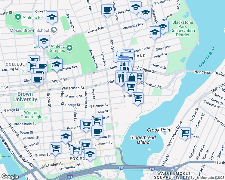 map of restaurants, bars, coffee shops, grocery stores, and more near 106 East Manning Street in Providence