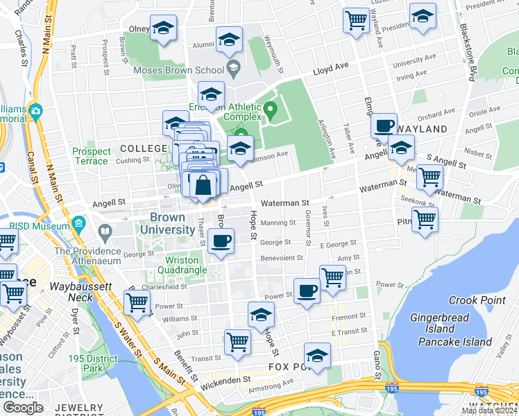 map of restaurants, bars, coffee shops, grocery stores, and more near 141 Waterman Street in Providence