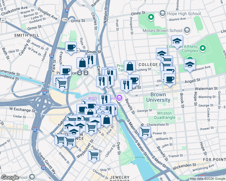 map of restaurants, bars, coffee shops, grocery stores, and more near 2 Thomas Street in Providence