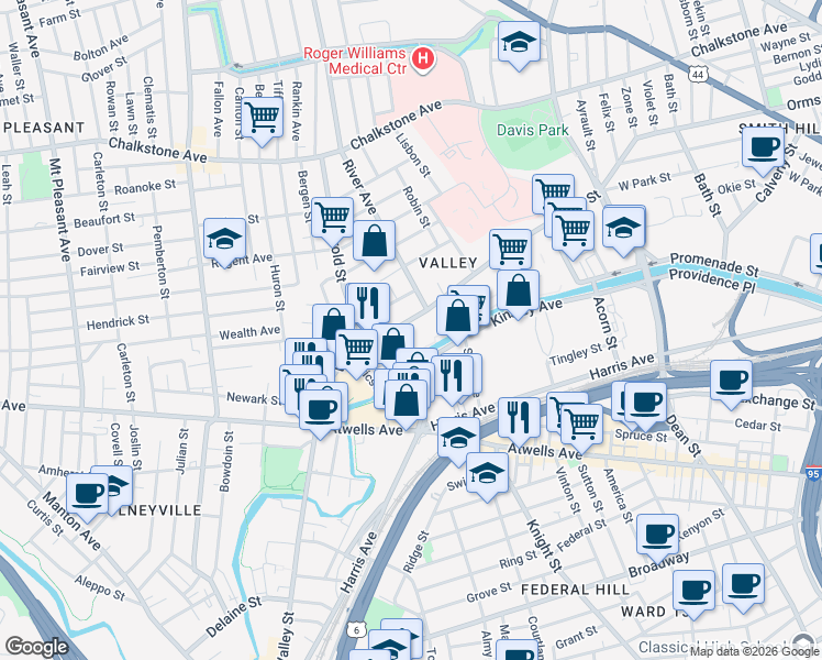 map of restaurants, bars, coffee shops, grocery stores, and more near 406 Valley Street in Providence