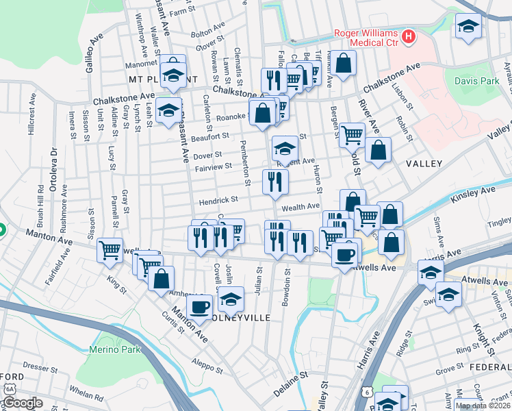 map of restaurants, bars, coffee shops, grocery stores, and more near 32 Hendrick Street in Providence