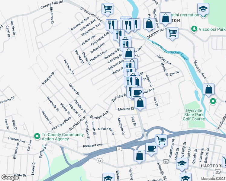 map of restaurants, bars, coffee shops, grocery stores, and more near 71 King Street in Johnston