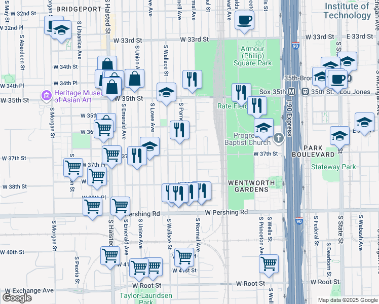 map of restaurants, bars, coffee shops, grocery stores, and more near 502 West 37th Street in Chicago