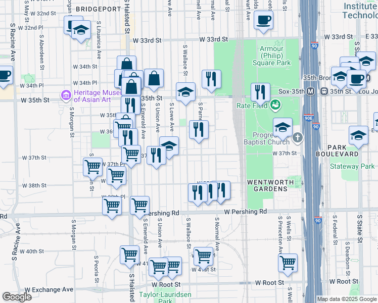 map of restaurants, bars, coffee shops, grocery stores, and more near 544 West 37th Street in Chicago