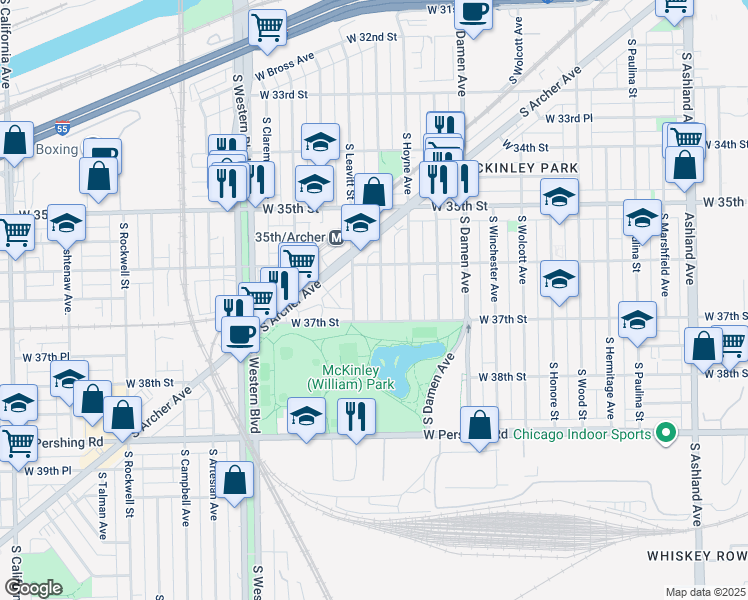 map of restaurants, bars, coffee shops, grocery stores, and more near 3631 South Leavitt Street in Chicago