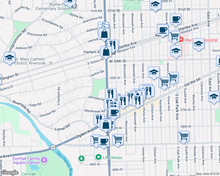 map of restaurants, bars, coffee shops, grocery stores, and more near 3517 Illinois 43 in Berwyn