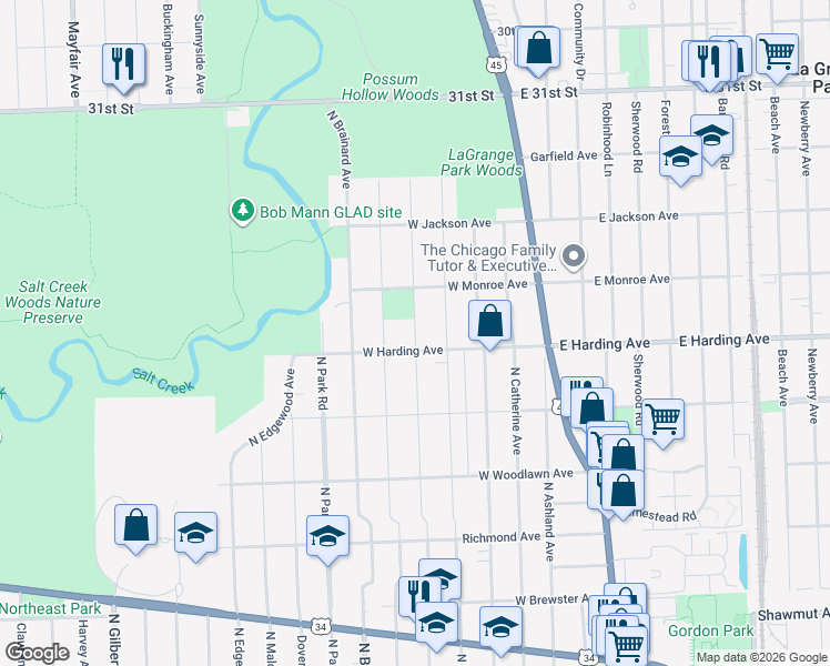 map of restaurants, bars, coffee shops, grocery stores, and more near 715 North Waiola Avenue in La Grange Park