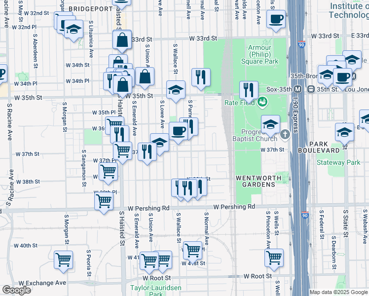 map of restaurants, bars, coffee shops, grocery stores, and more near 544 West 37th Street in Chicago