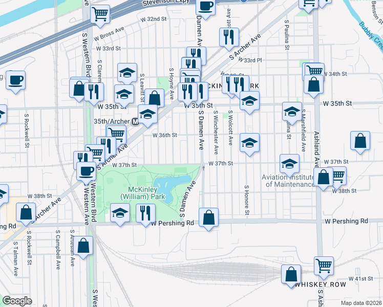 map of restaurants, bars, coffee shops, grocery stores, and more near 3636 South Seeley Avenue in Chicago