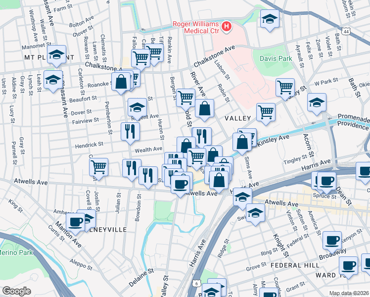 map of restaurants, bars, coffee shops, grocery stores, and more near 4 Dorr Street in Providence