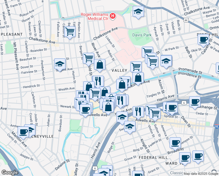 map of restaurants, bars, coffee shops, grocery stores, and more near 406 Valley Street in Providence