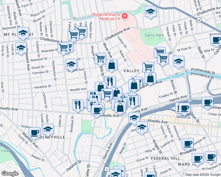 map of restaurants, bars, coffee shops, grocery stores, and more near 380 Valley Street in Providence