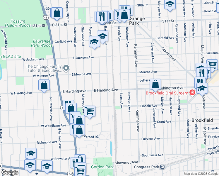 map of restaurants, bars, coffee shops, grocery stores, and more near 703 Barnsdale Road in La Grange Park