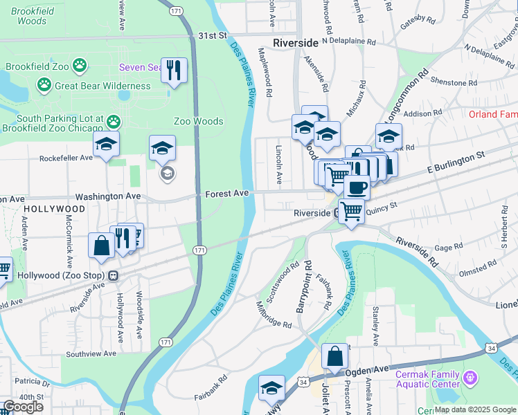 map of restaurants, bars, coffee shops, grocery stores, and more near 30 West Avenue in Riverside