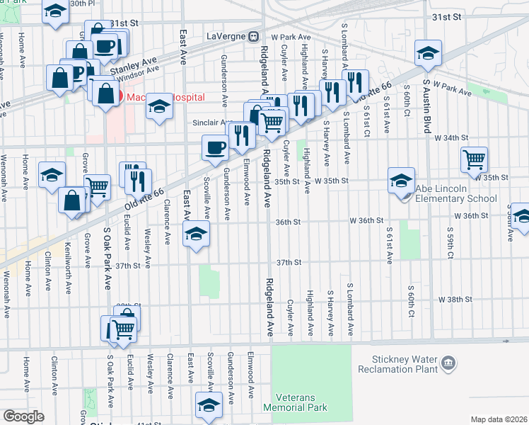 map of restaurants, bars, coffee shops, grocery stores, and more near 3540 Ridgeland Avenue in Berwyn
