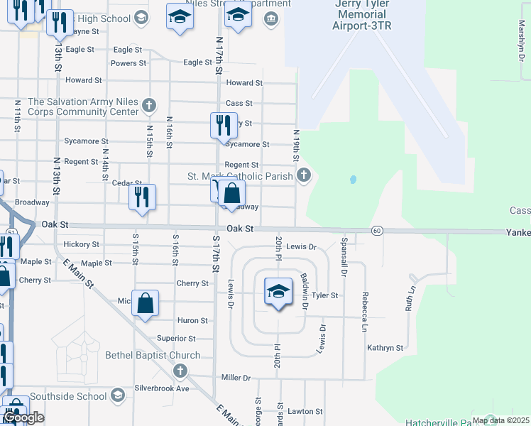 map of restaurants, bars, coffee shops, grocery stores, and more near 19 South 18th Street in Niles
