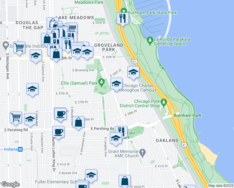map of restaurants, bars, coffee shops, grocery stores, and more near 707 East 37th Street in Chicago