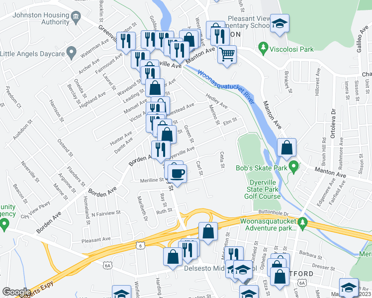 map of restaurants, bars, coffee shops, grocery stores, and more near 65 Dyerville Avenue in Johnston