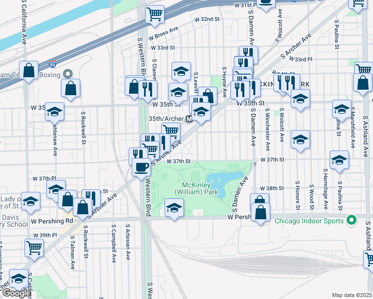 map of restaurants, bars, coffee shops, grocery stores, and more near 3620 South Blake Street in Chicago