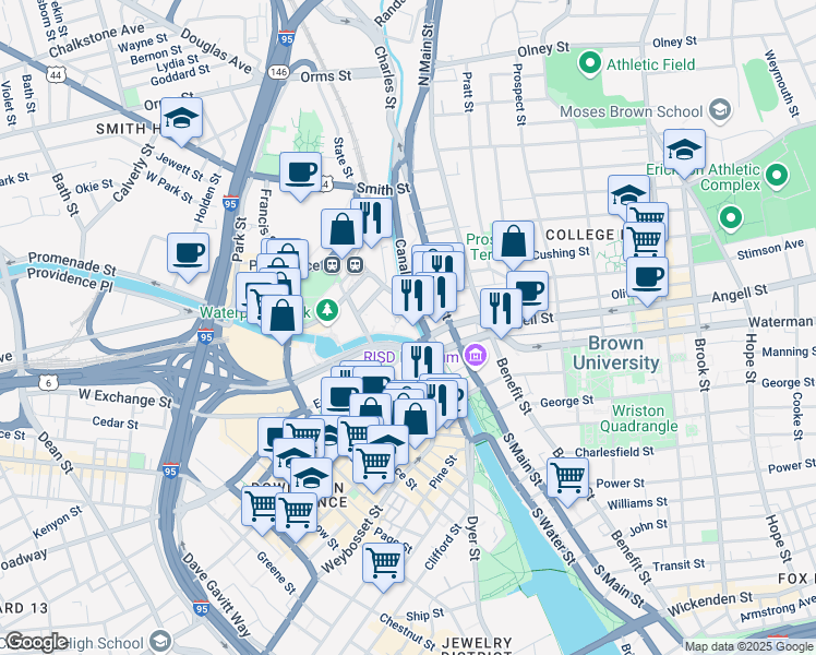 map of restaurants, bars, coffee shops, grocery stores, and more near 1 citizens plaza in Providence