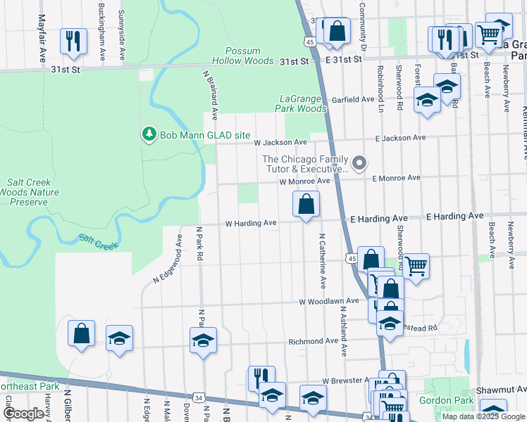 map of restaurants, bars, coffee shops, grocery stores, and more near 715 North Waiola Avenue in La Grange Park
