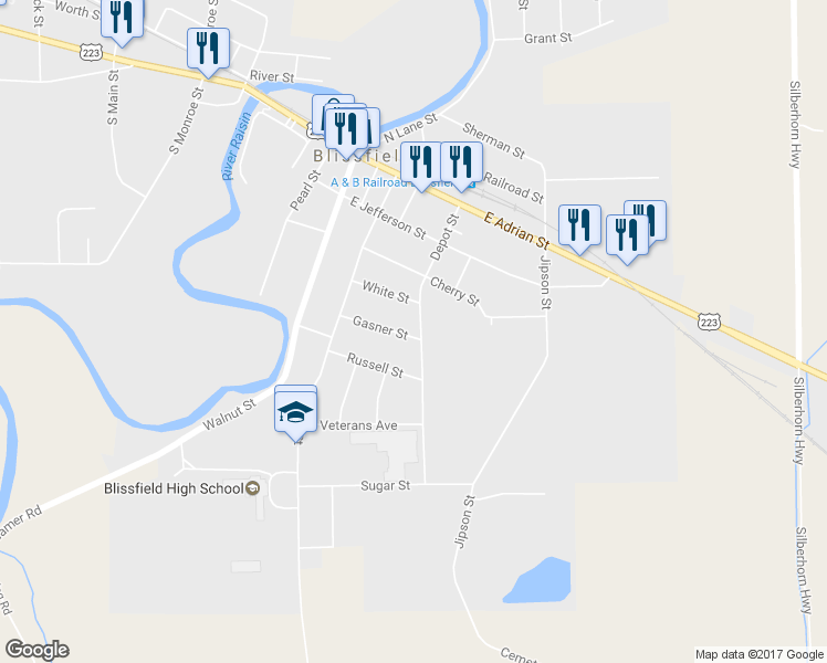 map of restaurants, bars, coffee shops, grocery stores, and more near 227 Gasner Street in Blissfield
