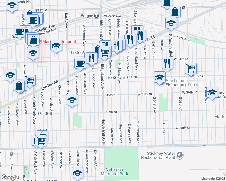 map of restaurants, bars, coffee shops, grocery stores, and more near 3537 Cuyler Avenue in Berwyn