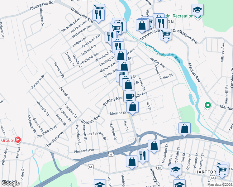map of restaurants, bars, coffee shops, grocery stores, and more near 7 Alcazar Avenue in Johnston