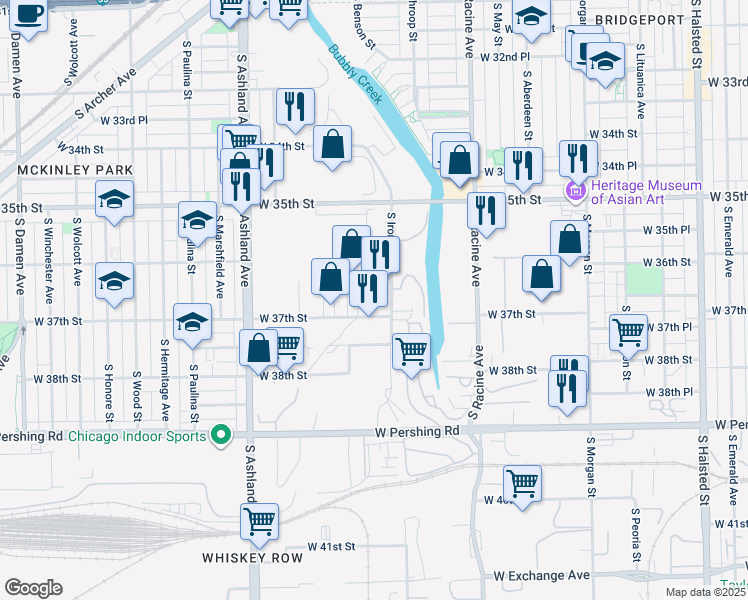 map of restaurants, bars, coffee shops, grocery stores, and more near 3636 South Iron Street in Chicago